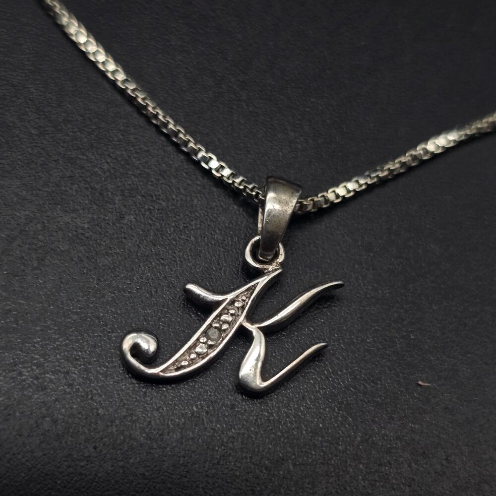 Sterling Silver Initial K Pendant Necklace Diamond Chip 925 RJ